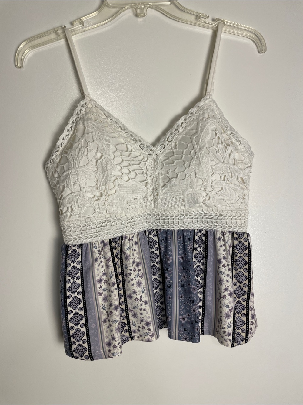 Derek Heart White Crochet Bodice Blue Patterned Peplum Cami
